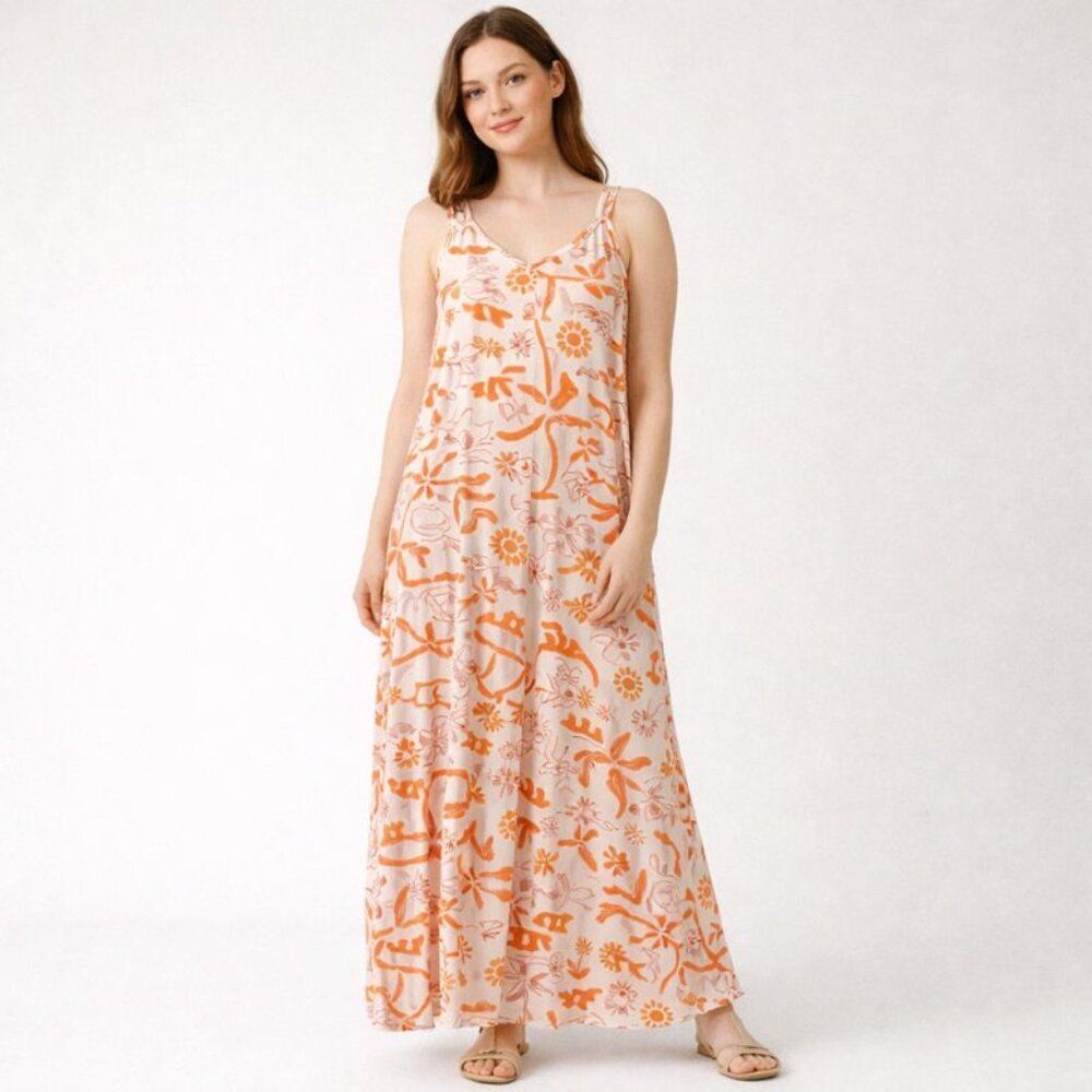 Label of Love Maxi Dress Women’s S Orange White Print Resort Boho Chic
